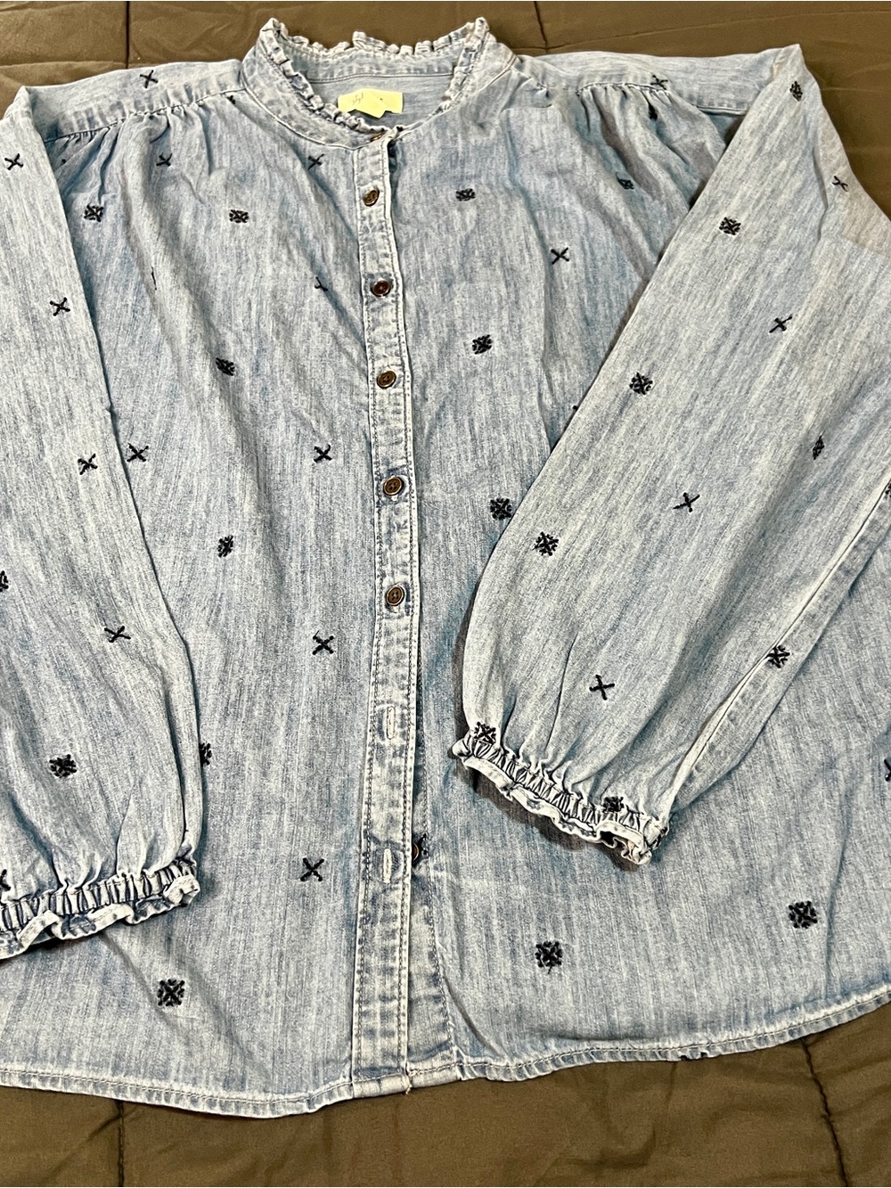 Style&Co Wms Blue Chambray Cotton Embroidered Retro Boho Ruffle Peasant Top XL - Picture 10 of 15